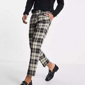 River Island Men's 34 Black White Plaid Tapered Pleated Trousers Pants